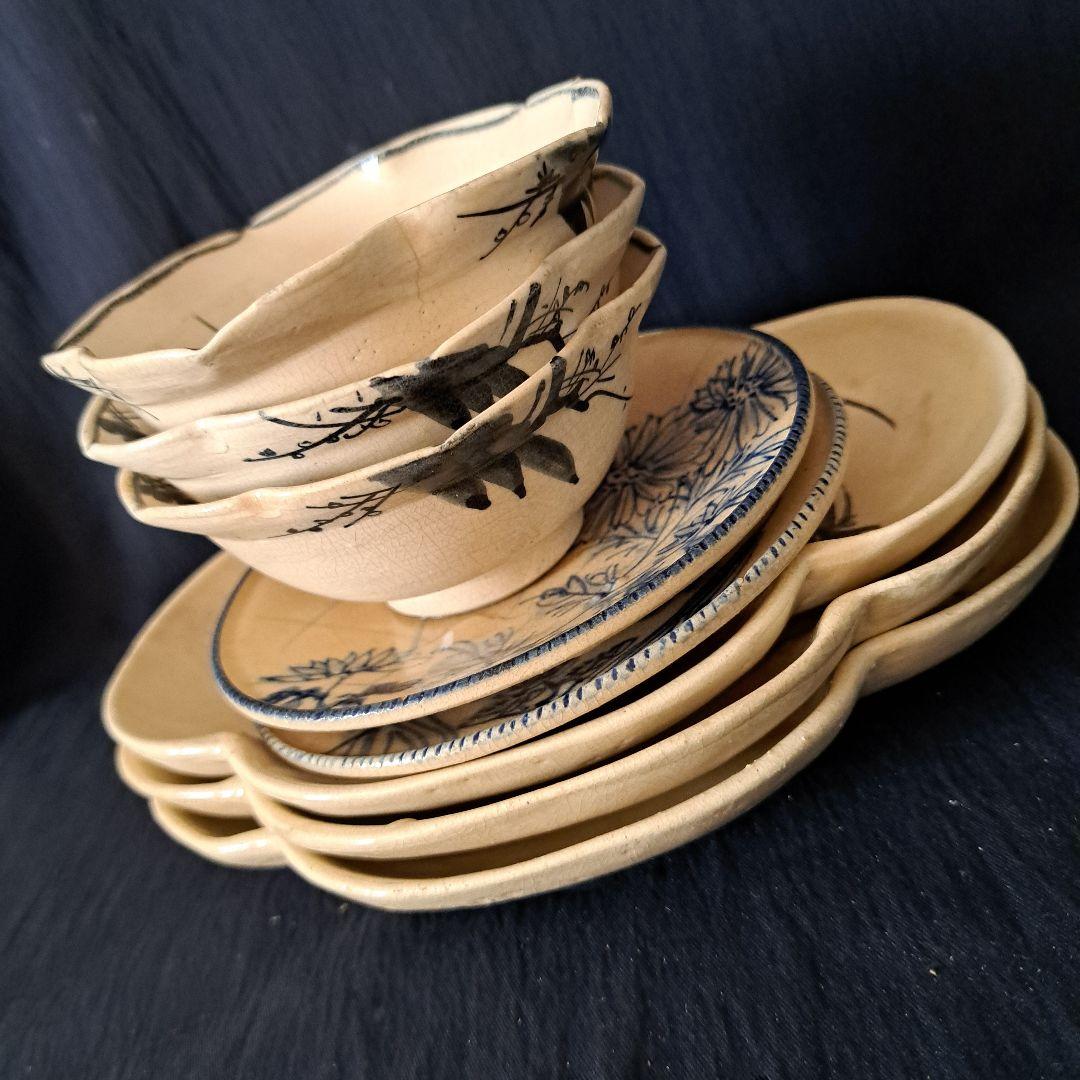 「京焼きの侘び寂び(わび-さび)」皿と小鉢の8客セット 骨董アンティーク