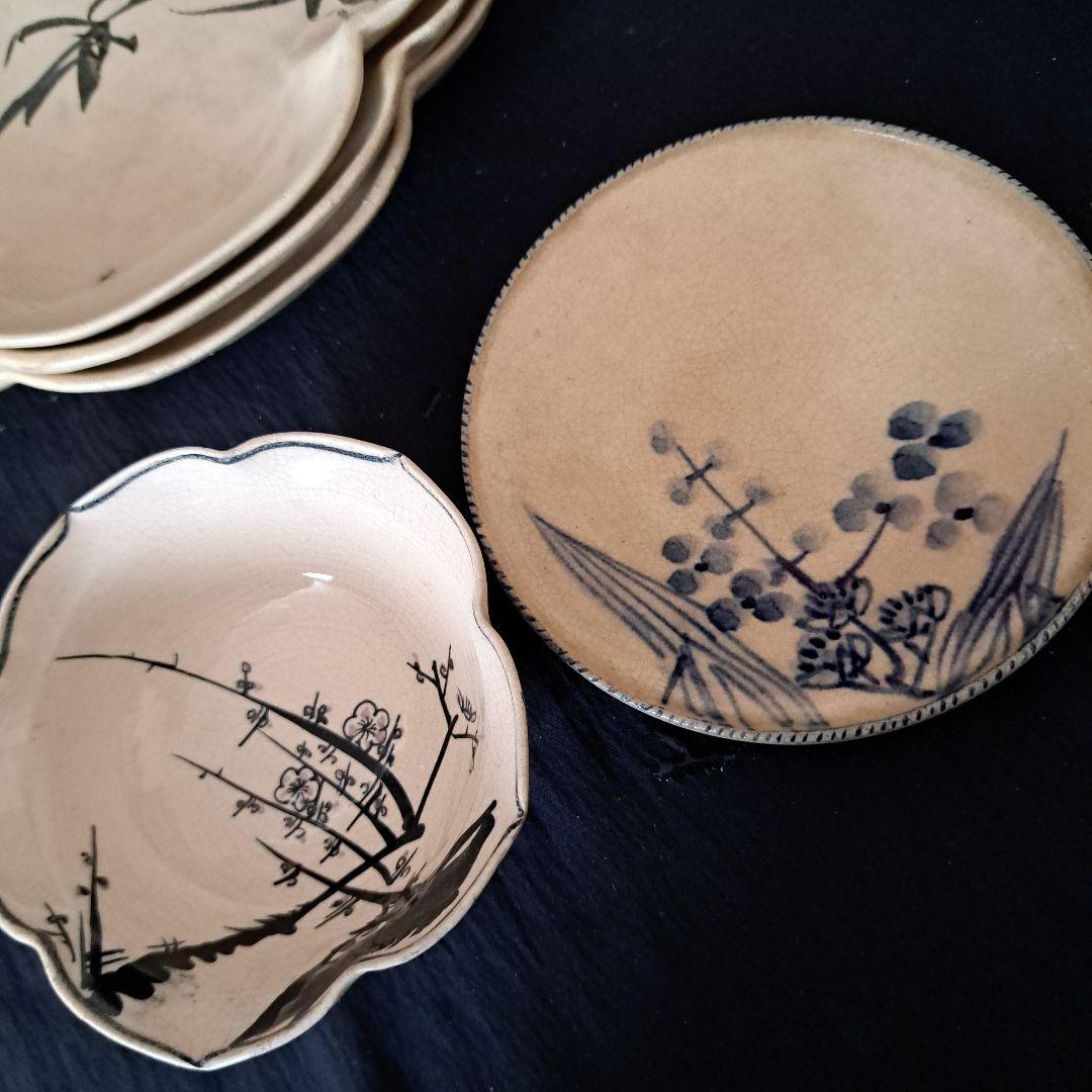 「京焼きの侘び寂び(わび-さび)」皿と小鉢の8客セット 骨董アンティーク