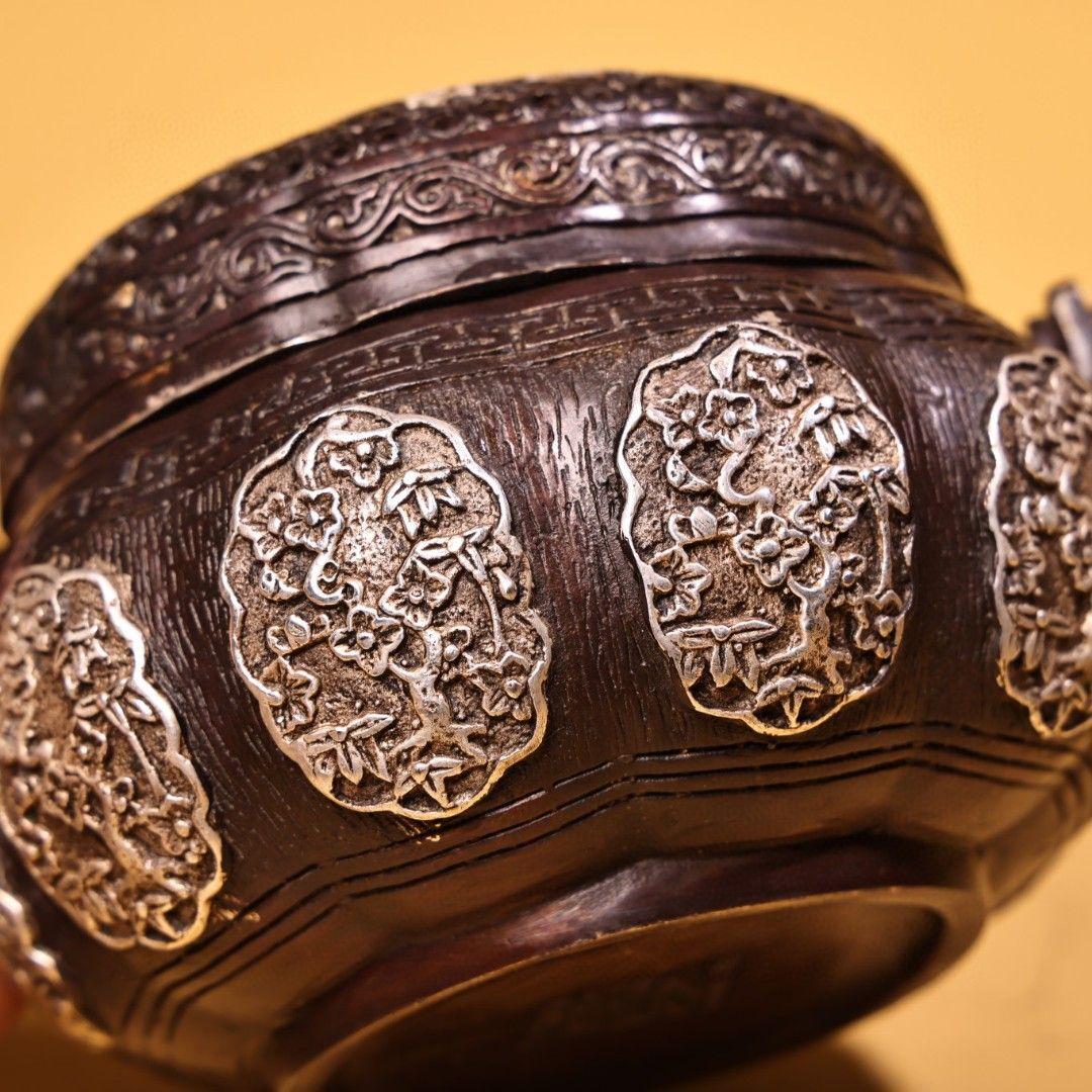 銅 細工 高浮彫鏨刻銀温手炉 香炉 提梁炉 香道具 装飾品 工芸品 置物