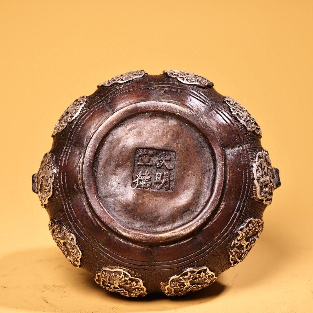 銅 細工 高浮彫鏨刻銀温手炉 香炉 提梁炉 香道具 装飾品 工芸品 置物