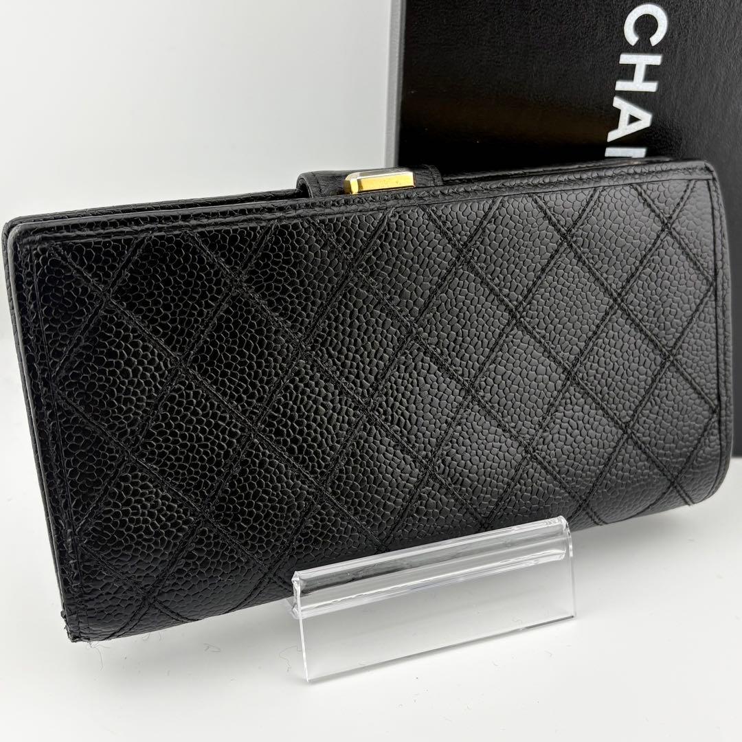 【良品✨】シャネル ビコローレ キャビアスキン がま口 長財布 ブラック 4番台