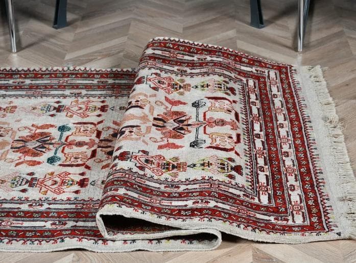 トルコ製ヴィンテージラグ771高級 レア アイボリー レッド イエロー グリーン