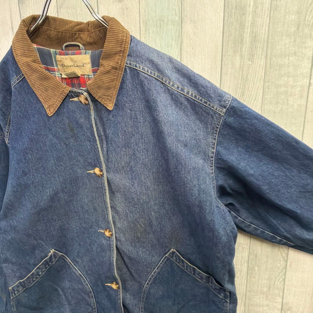 グレートランド デニムカバーオール 2XL コーデュロイ襟 チェック裏地