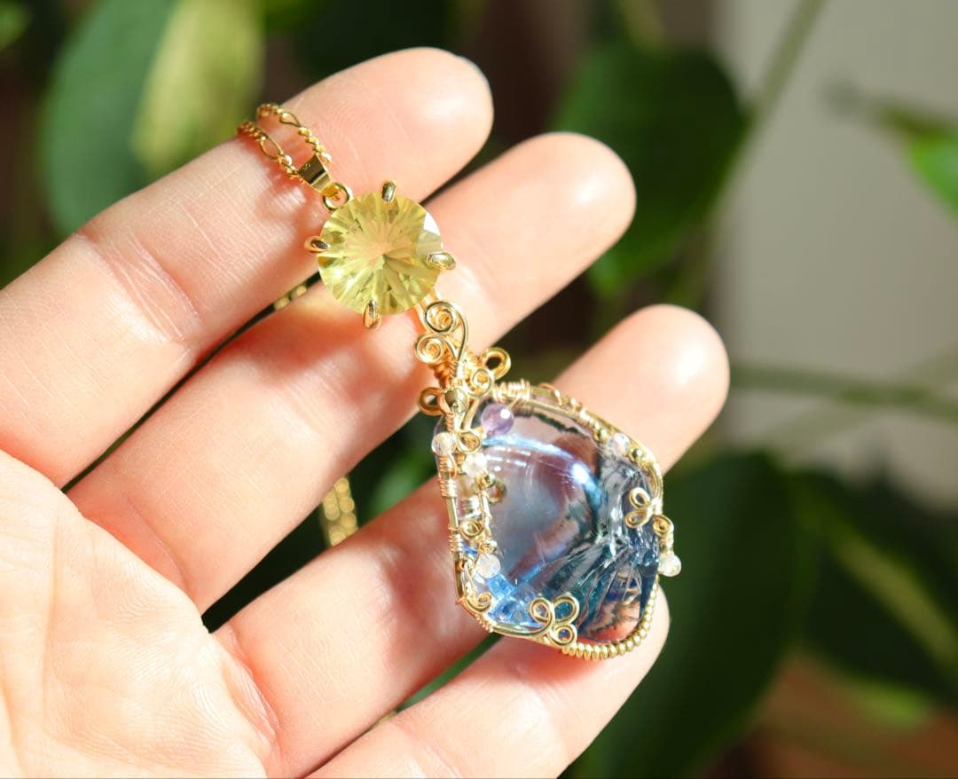 アースシャーマンアンダラクリスタル×レモンクォーツのワイヤージュエリーネックレス