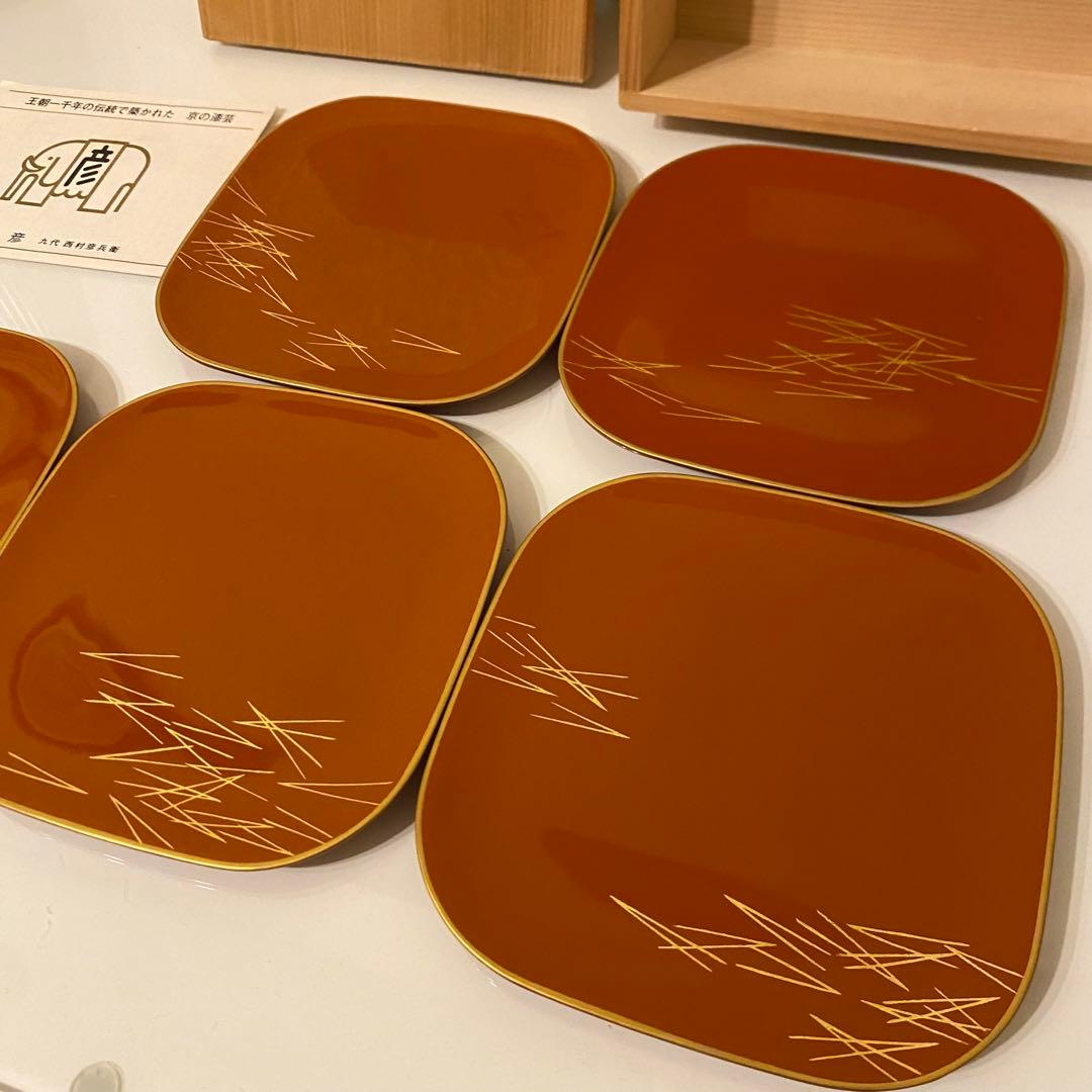 【茶器/茶道具　菓子器】平安　象彦　さび朱　松葉蒔絵　銘々盆　菓子皿　5枚セット