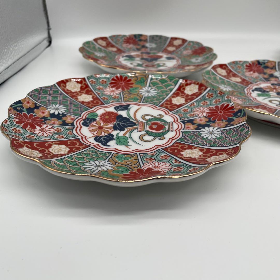 未使用 有田焼 陶扇菊割皿5枚セット 陶扇 田扇 菊割皿 錦絵 金彩 古伊万里