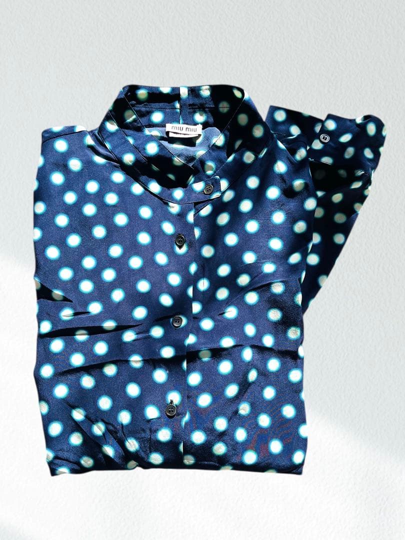 MIU MIU ミュウミュウ 水玉 シルク ブラウス 44 ネイビー