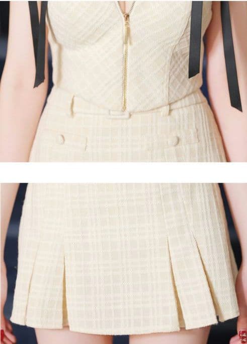 スエードリボン×チェックツイードベルトデザインセットアップドレスfm3734