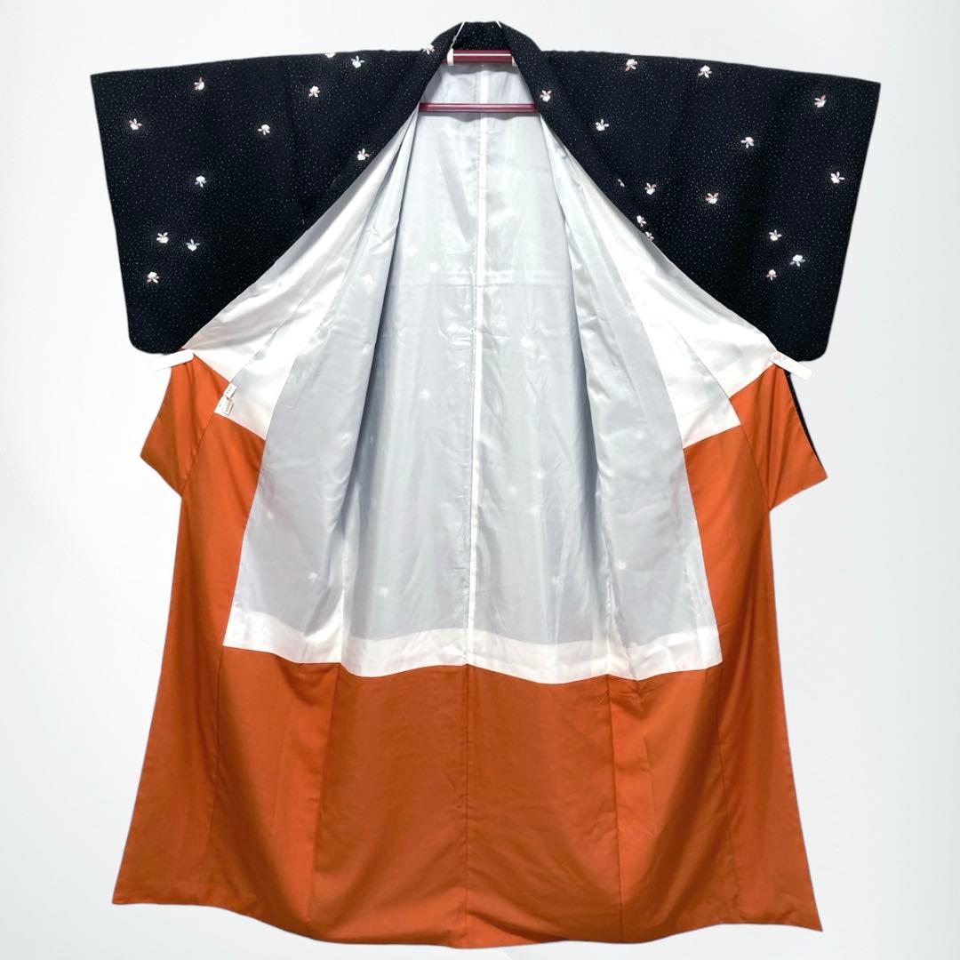 【良品✨】東レシルック　さんび　洗える着物　小紋　黒色　紗綾形地紋　かぶ　D7