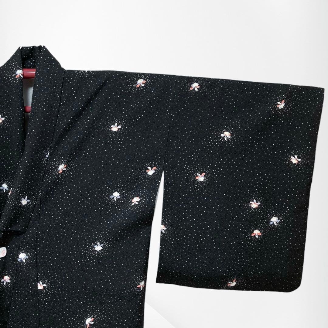 【良品✨】東レシルック　さんび　洗える着物　小紋　黒色　紗綾形地紋　かぶ　D7