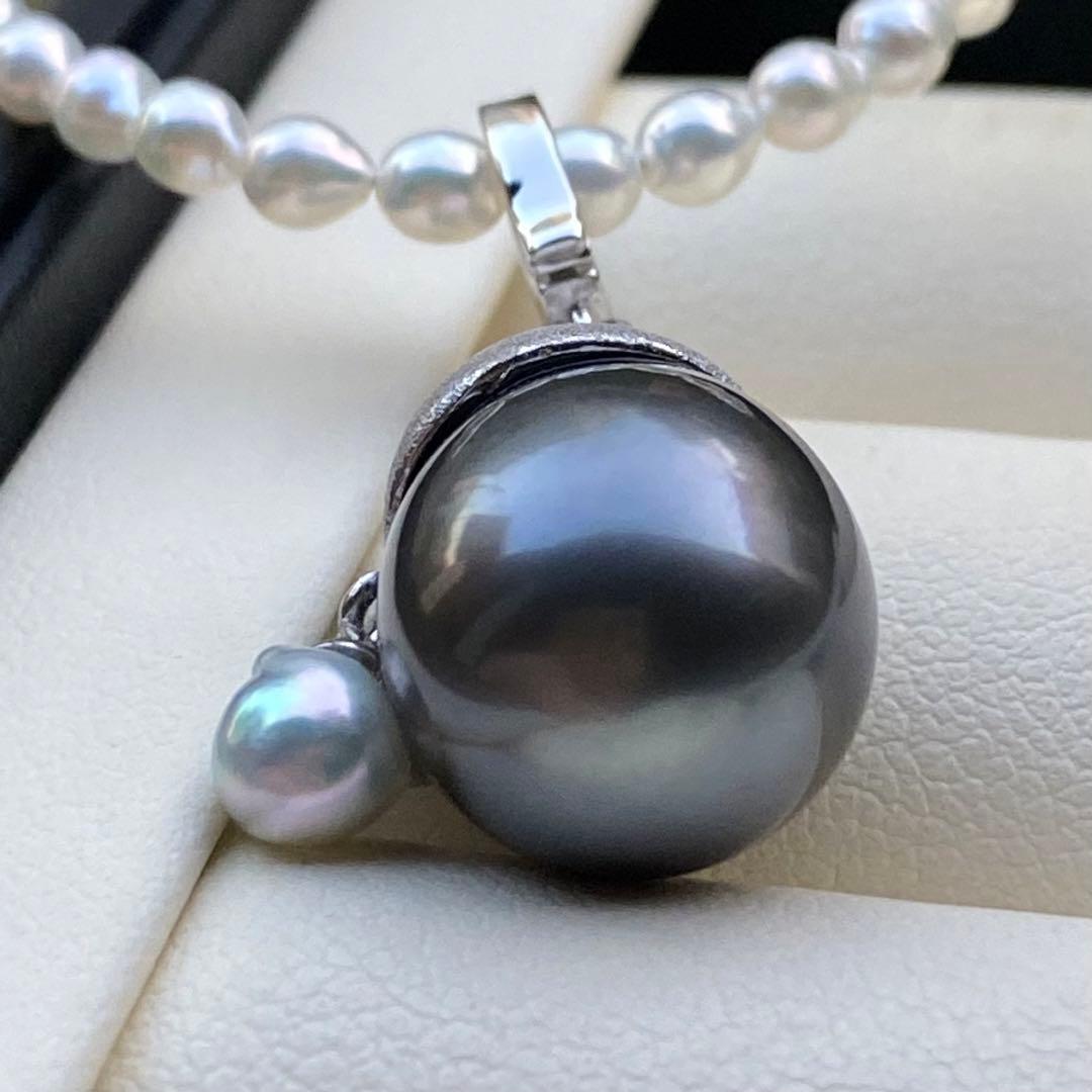 本真珠　南洋黒蝶真珠&あこや真珠ネックレストップ12mmダークグリーンPT826