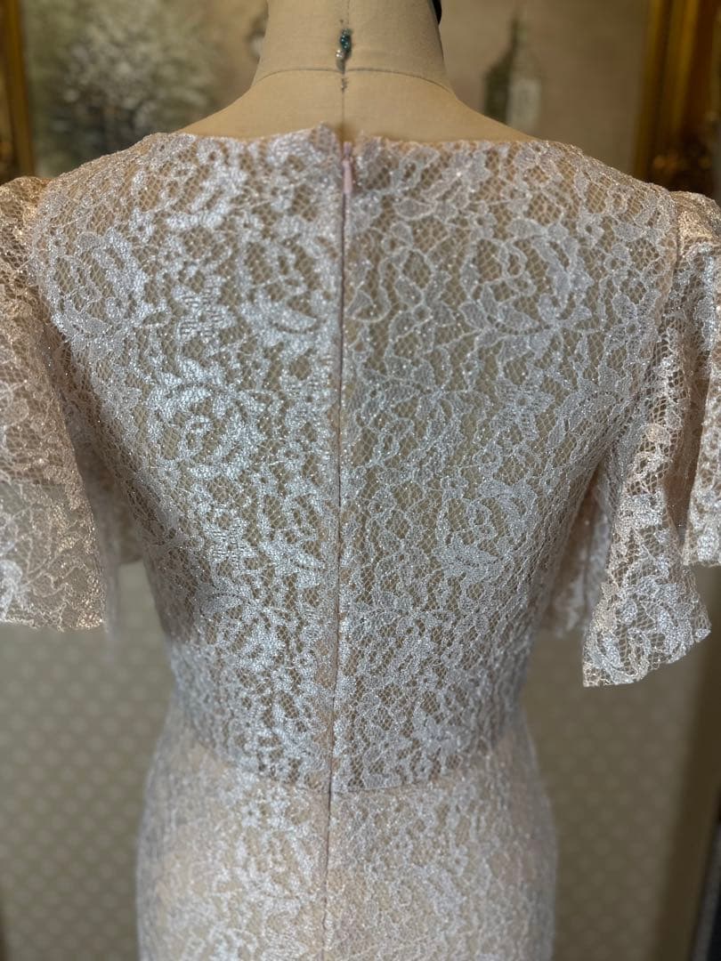 ラメアイボリー レース フレアスリーブ パーティードレス