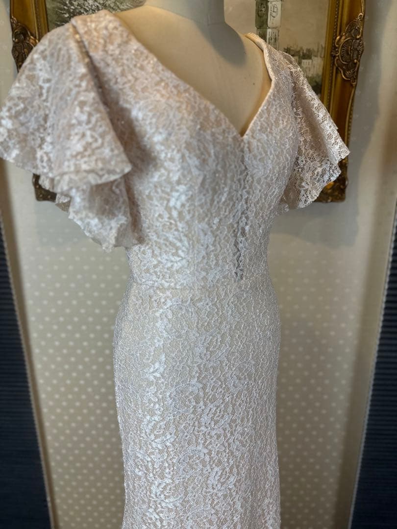 ラメアイボリー レース フレアスリーブ パーティードレス