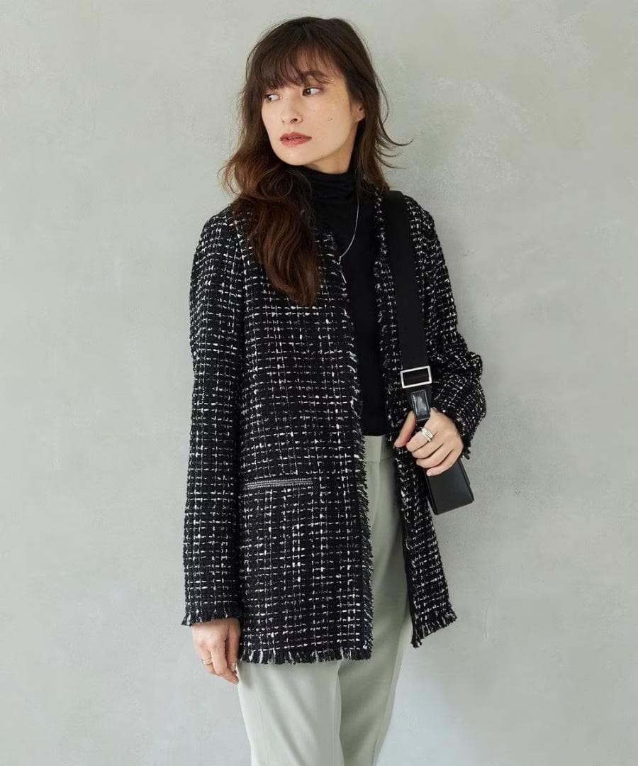 美品　ICB ロービングツイード ノーカラージャケット　ブラック×オフホワイト系