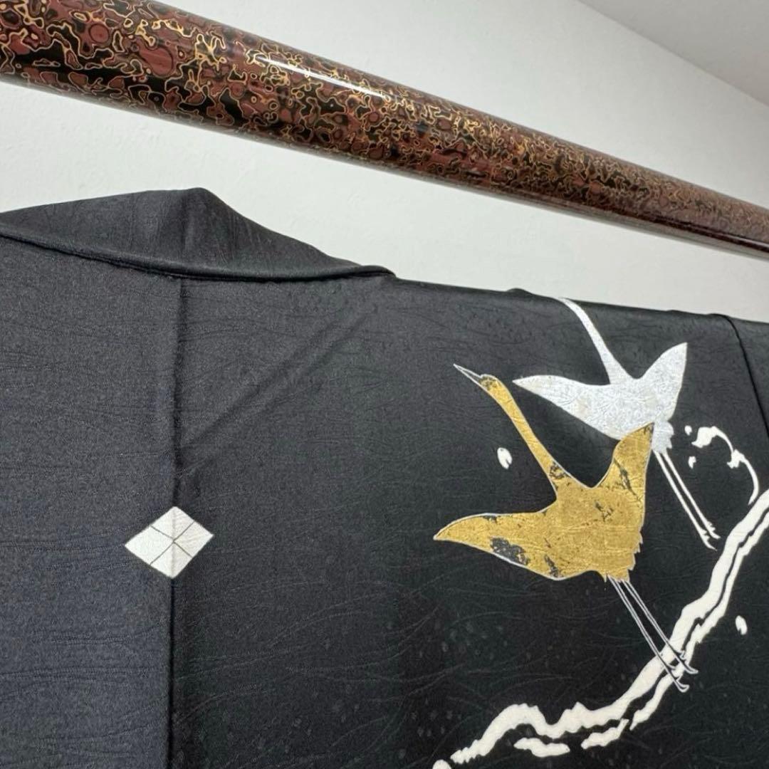 超美品　訪問着　袷　正絹　着物　黒　刺繍　金　銀　161裄63 現代　鶴