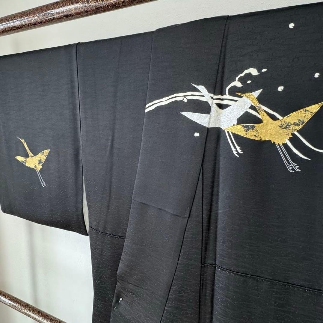 超美品　訪問着　袷　正絹　着物　黒　刺繍　金　銀　161裄63 現代　鶴