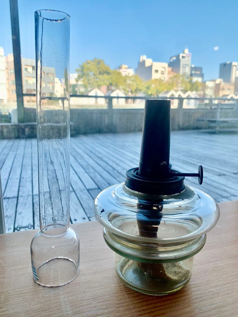 オイルランプ　和ガラス　ブルーガラス　当時もの　可動品　電笠　大正　昭和レトロ