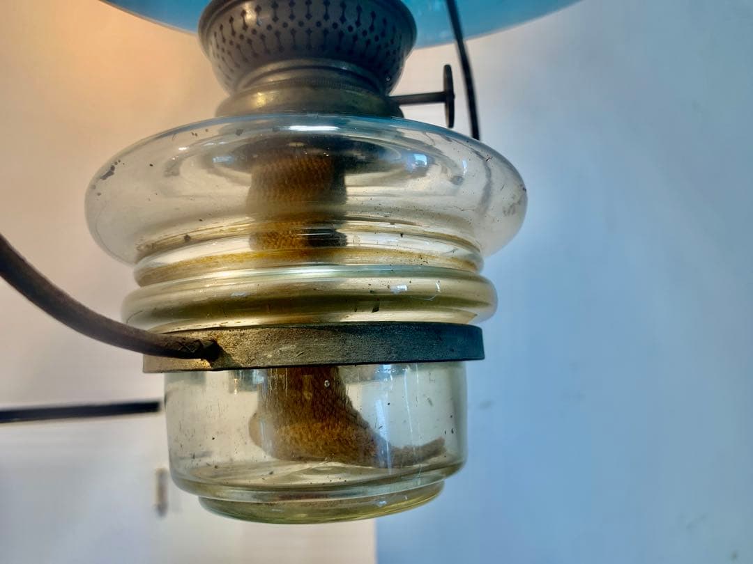 オイルランプ　和ガラス　ブルーガラス　当時もの　可動品　電笠　大正　昭和レトロ