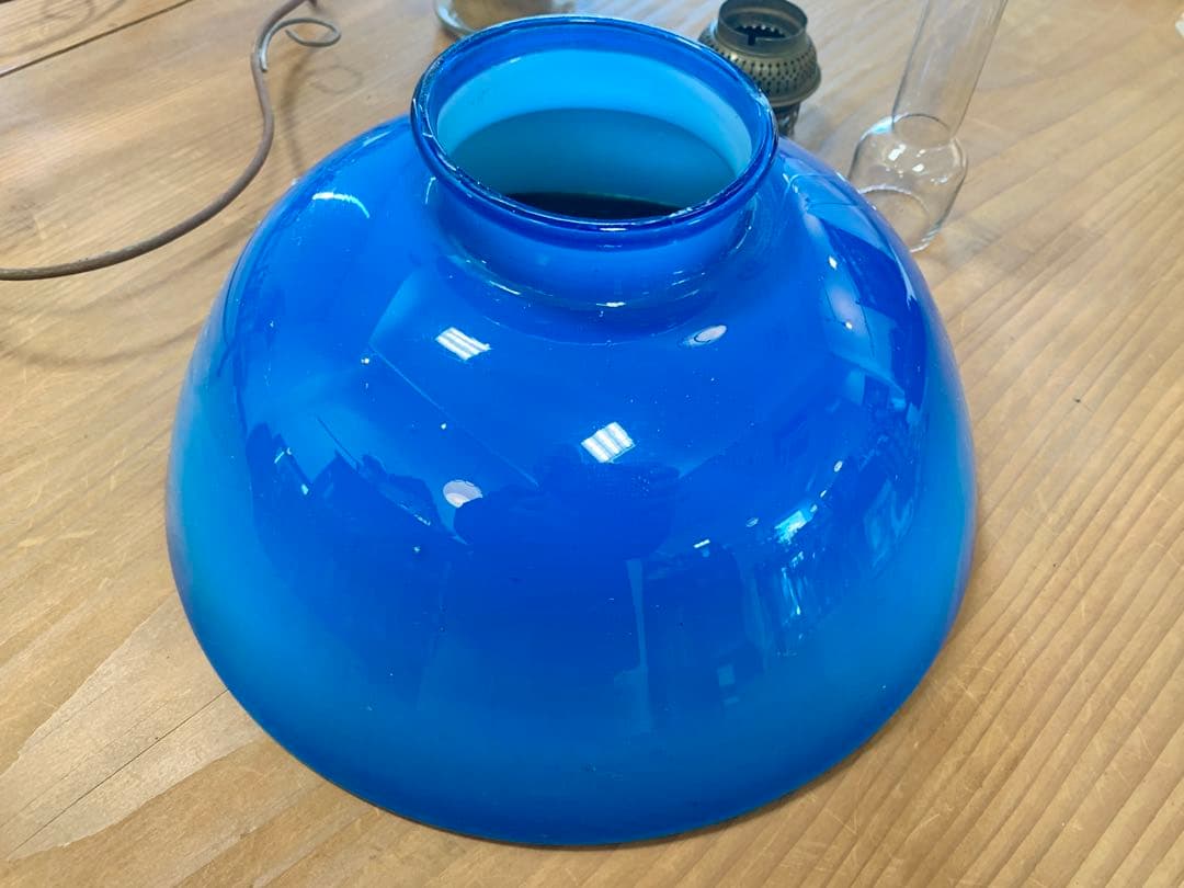 オイルランプ　和ガラス　ブルーガラス　当時もの　可動品　電笠　大正　昭和レトロ