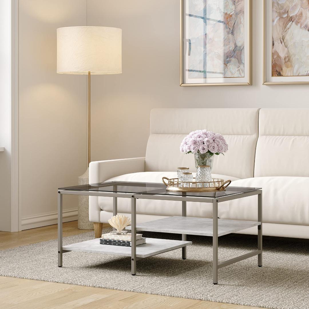 おしゃれなローテーブル - ガラス天板・木製棚付き