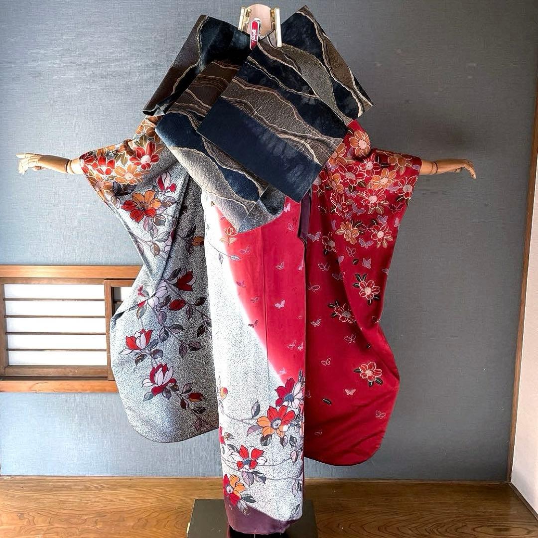 振袖フルセット　朱色手描き友禅　ブルーたたき染め　成人式振袖　振袖　染分け