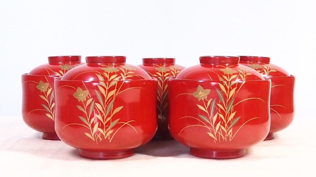 【美品】輪島塗 西久保田漆器店 桔梗蒔絵 小吸物椀 5客 瓢型/朱塗 漆器/食器