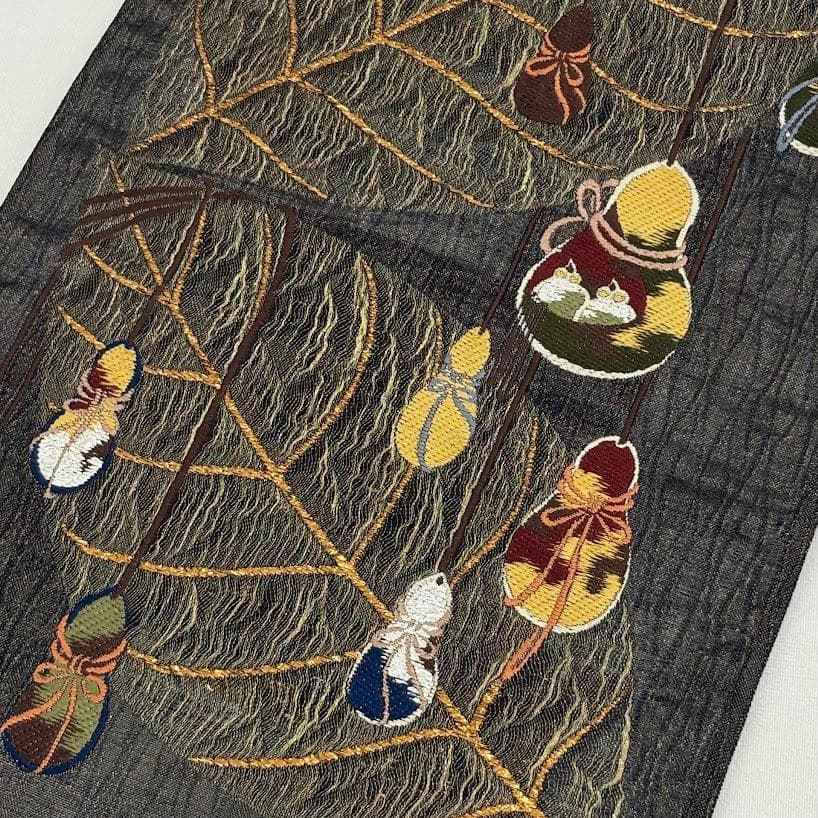 田中 野夫　未使用品　袋帯　瓢箪　葉　刺繍　金通し　六通柄　正絹　L506