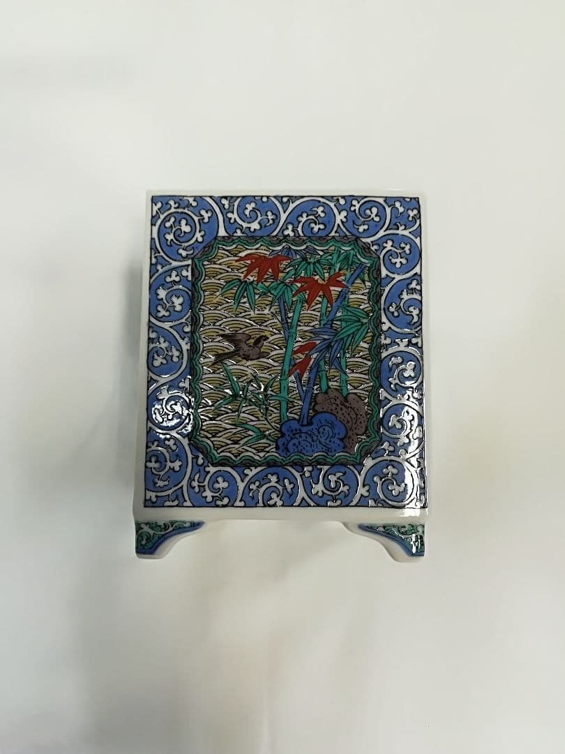 九谷焼 香籠 九谷 花鳥唐草 角香炉 白雅作 新品未使用 レア アンティーク