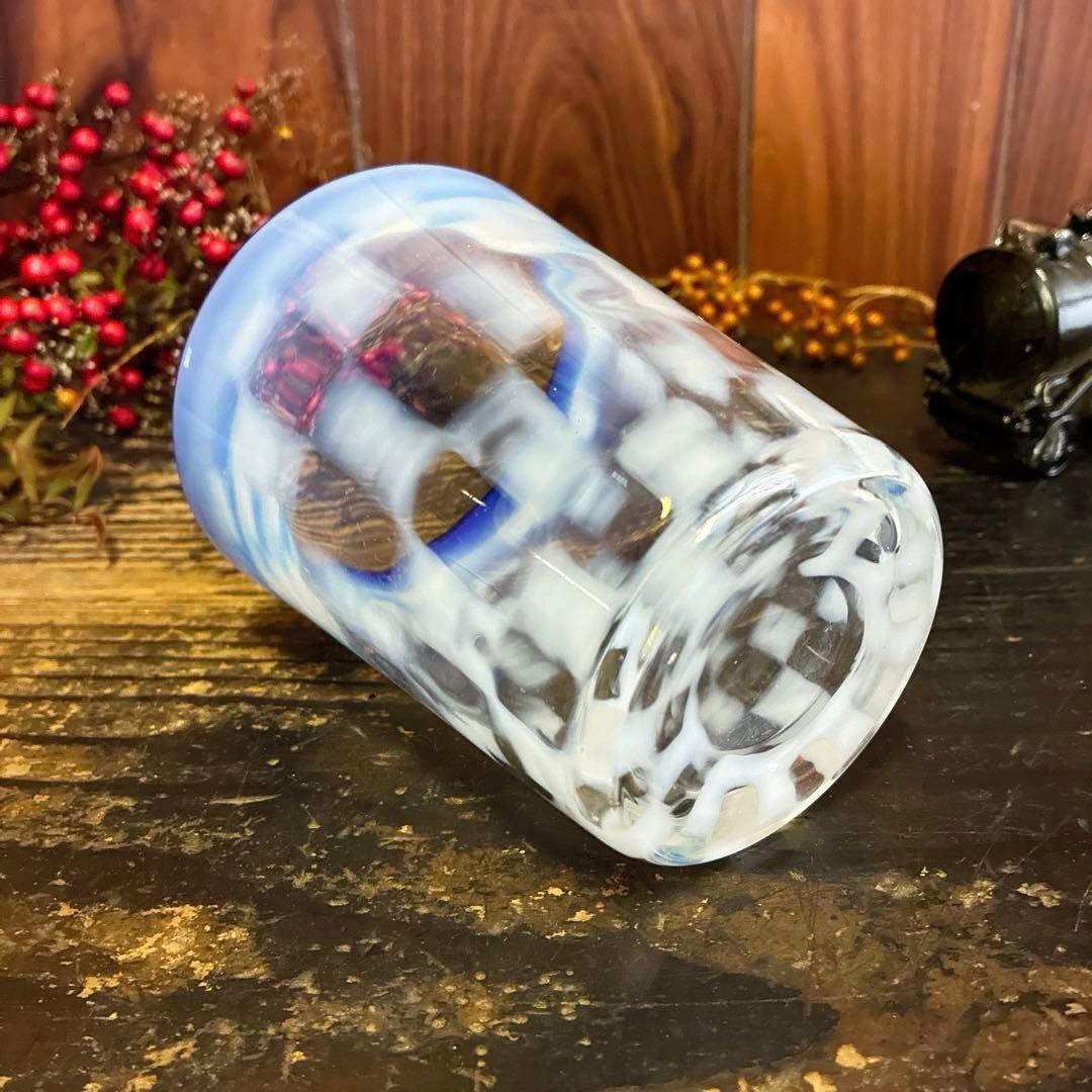 骨董　レトロ　希少　青フチ　乳白色　市松紋　ゴブレット　タンブラー パフェグラス