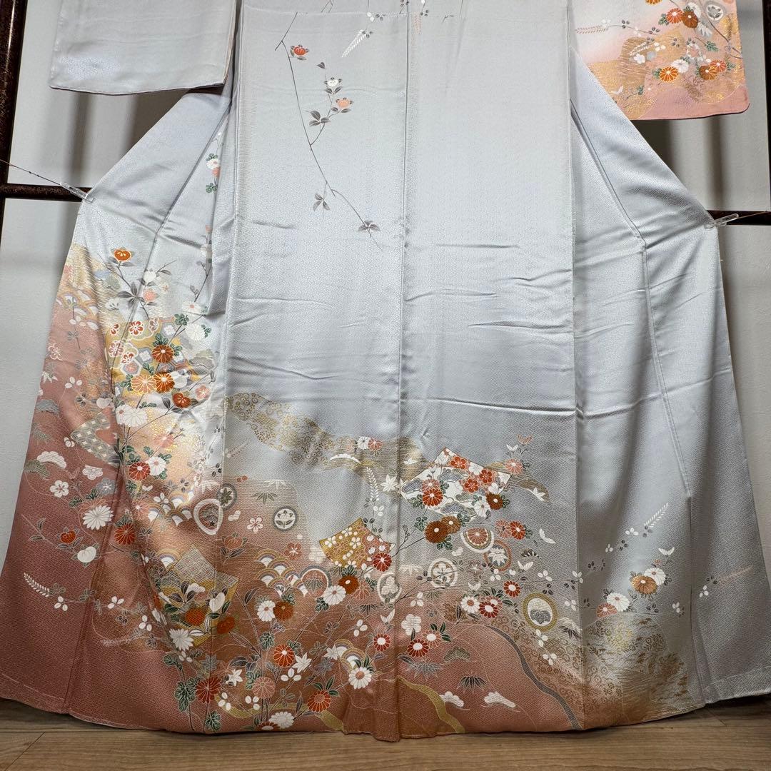 しつけ付　正絹　袷　現代　広襟　高級　訪問着　着物　着丈169 シルバー　光沢