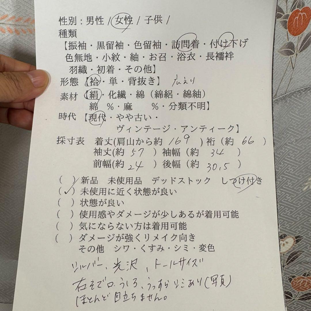 しつけ付　正絹　袷　現代　広襟　高級　訪問着　着物　着丈169 シルバー　光沢