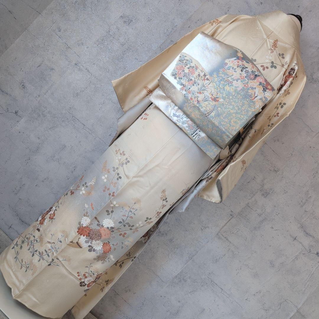 訪問着　フルセット　着物　正絹　淡い黄色　トールサイズ　比翼仕立　花金駒刺繍E2