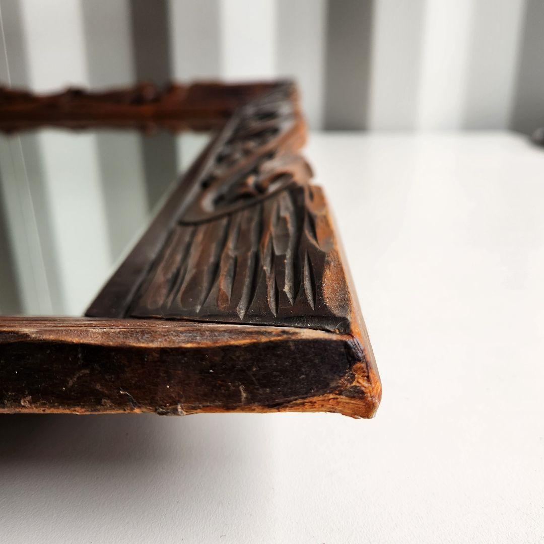 アンティーク　木彫り　ウォールミラー　天然木　壁鏡　彫刻　木枠　ヴィンテージ