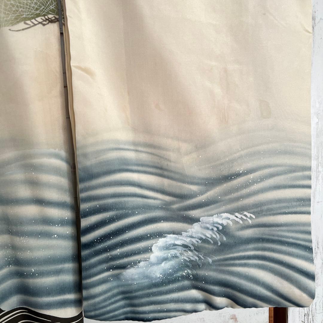 5502◆男の子アンティーク着物五つ紋宝船番鶴波手描き手刺繍時代古裂品格ある逸品