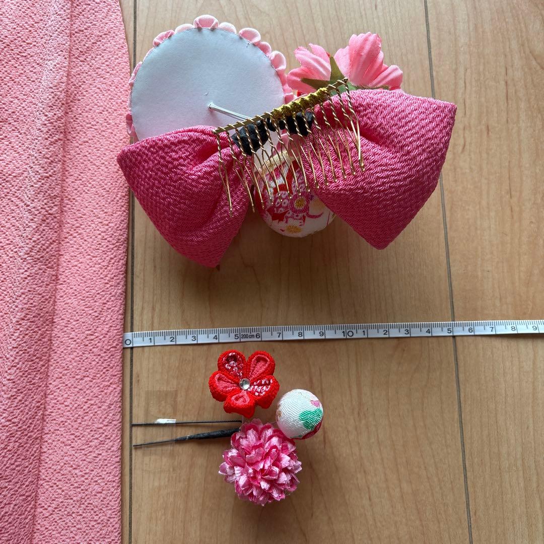 60 正絹？　真紅×小花柄　七五三着物セット　被布　3歳　日本製