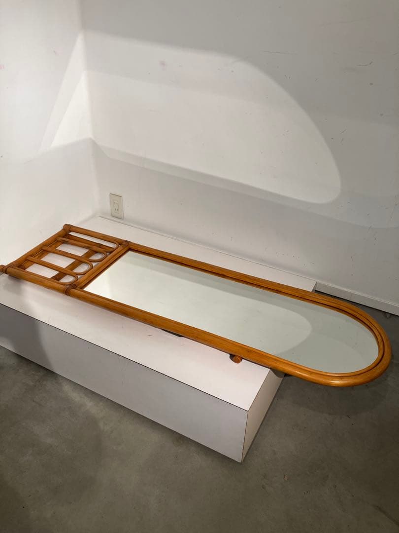 オールド　ラタン　スタンドミラー、折りたたみ、レトロ、和モダン、姿見、鏡、