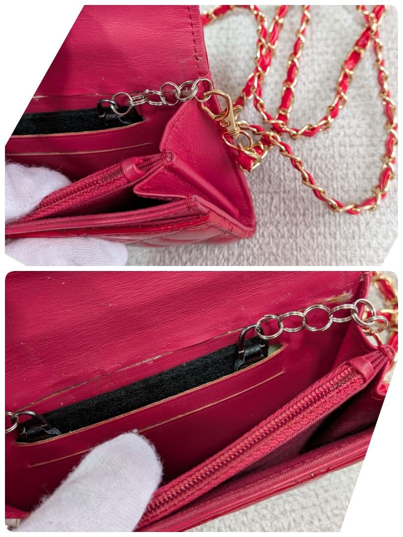 シャネル　赤　ミニ財布　マトラッセ　ラムスキン　チェーンウォレット　ケース