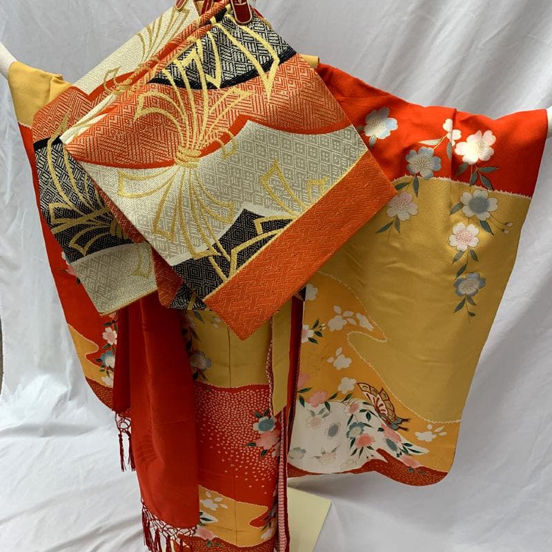 508ag90□七五三 七歳 女児 着物&袋帯 金駒刺繍 蝶 桜□美品