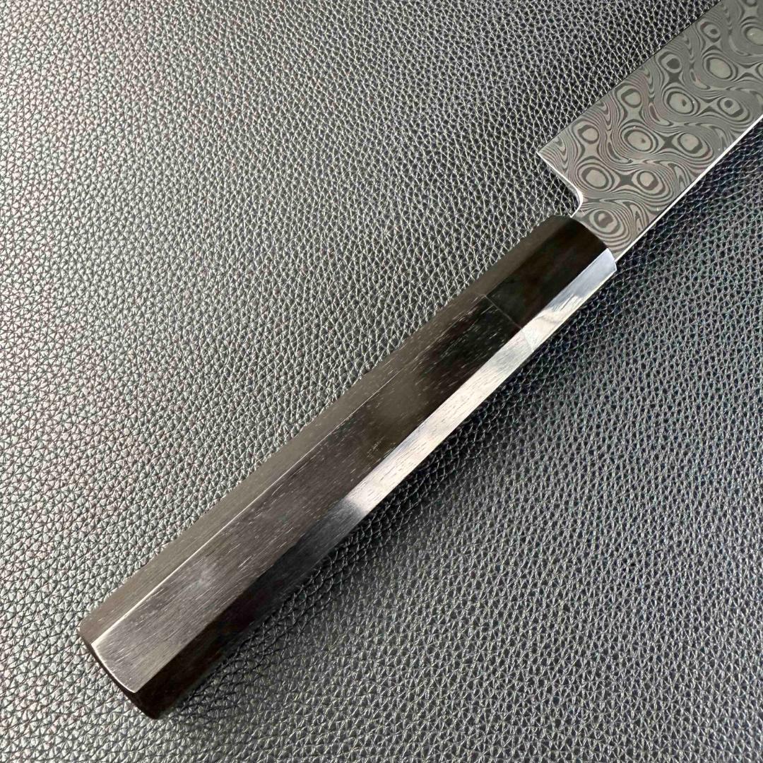 9697新品 ダマスカス 先丸包丁 尺一 海流紋 105層 黒檀黒水牛角八角柄